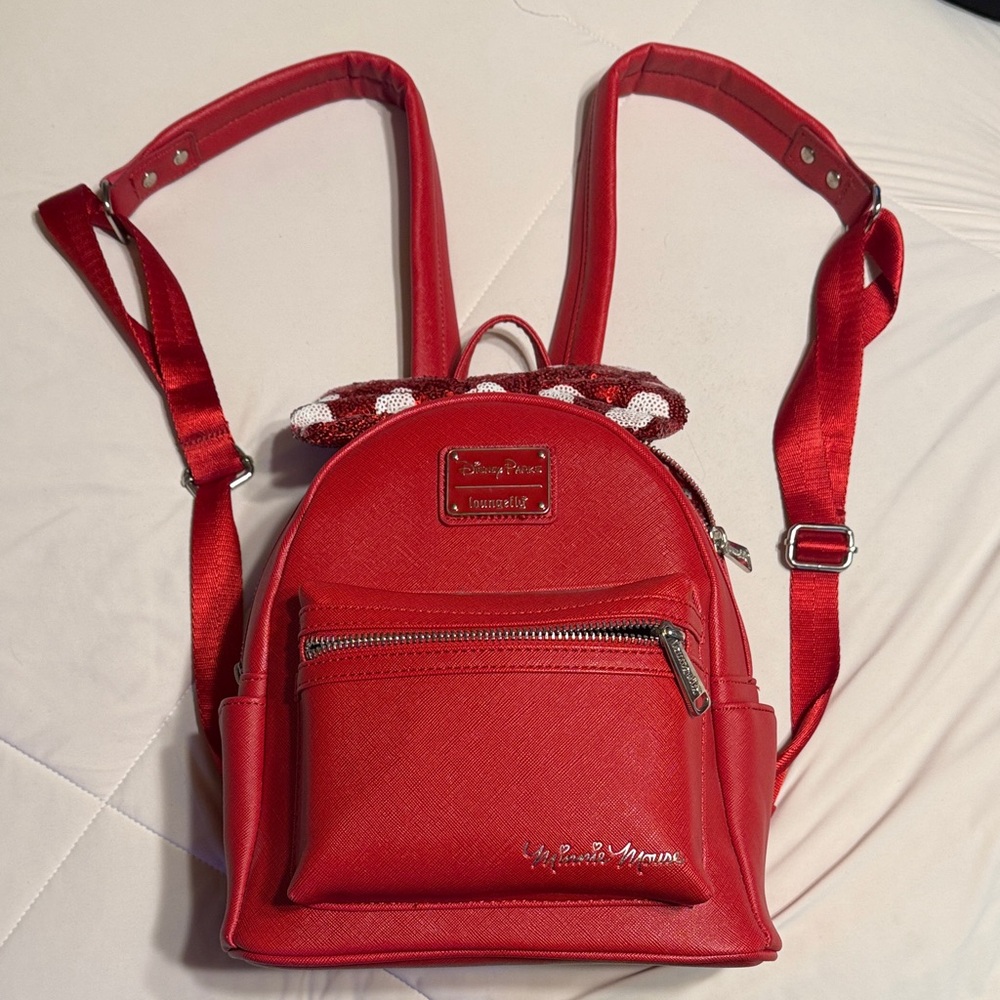 Disney Parks Loungefly Minnie Mouse Red polkadot sequin bow backpack